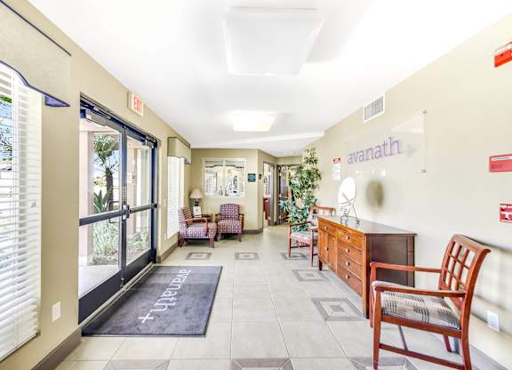 A hallway with a sign that says at Yorba Linda Apartments, Yorba Linda, CA 92886