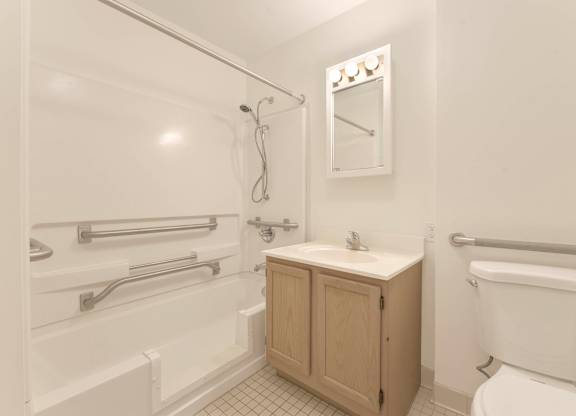 Accessible bathroom with grab bars and wood vanity at Centennial Court Apartments, Wharton, NJ