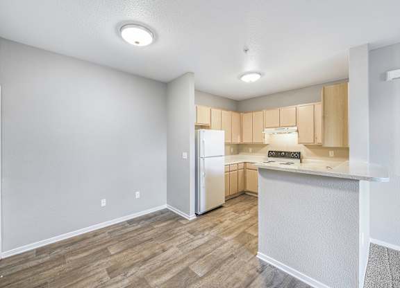 A kitchen with a refrigerator, cabinets, and a countertop.