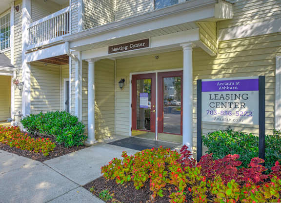 Leasing center entrance with landscaping at Acclaim at Ashburn Apartments, Ashburn, 20147