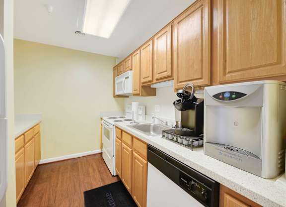 Galley kitchen with wood cabinets and appliances at Acclaim at Ashburn Apartments, Ashburn, VA
