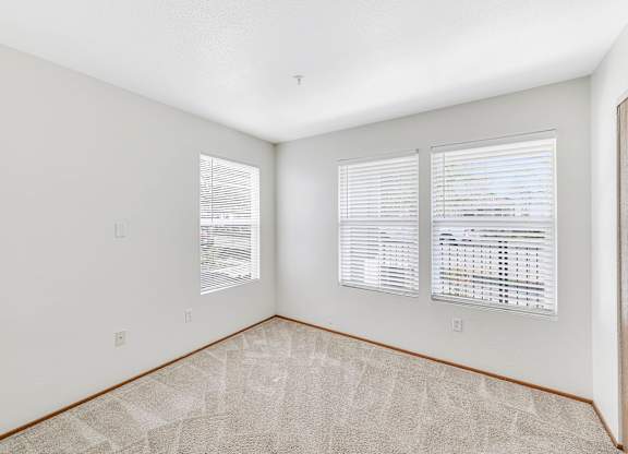 A room with a carpeted floor and two windows with blinds.