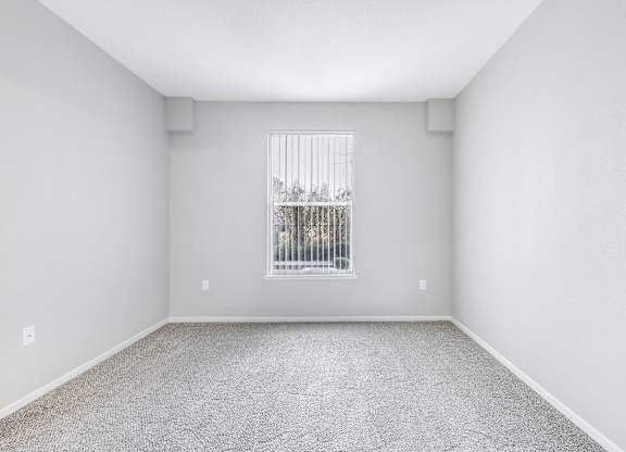 A room with a carpeted floor and a window with bars.