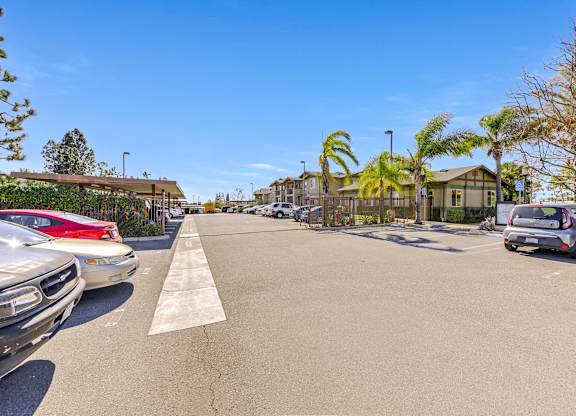A parking lot with cars parked on the side and a few palm trees in the background at Yorba Linda Apartments, California, 92886