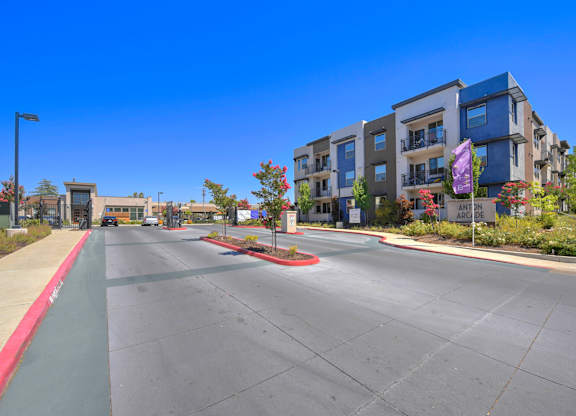 Modern apartment buildings with courtyard entrance at Anton Arcade Apartments, California, 95825