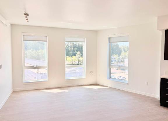 Three windows in a white room with wood floors.