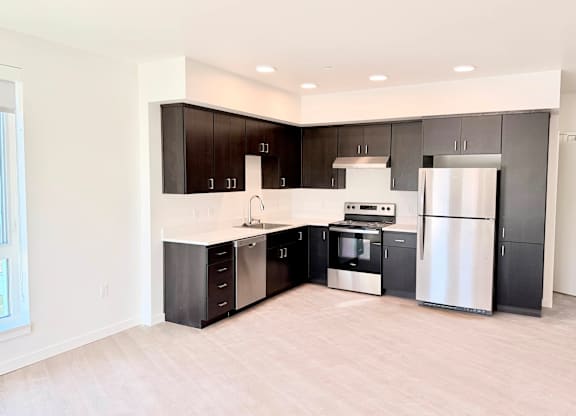 A modern kitchen with black cabinets and stainless steel appliances.