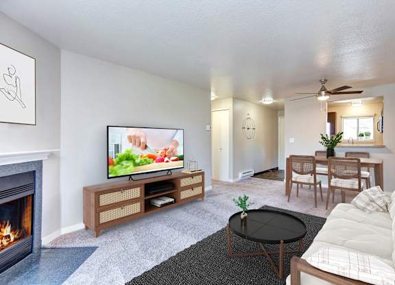 A living room with a fireplace and a television.