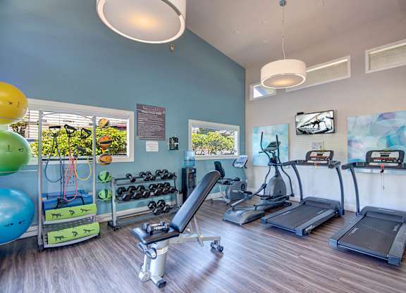 A gym with treadmills, exercise balls, and dumbbells.