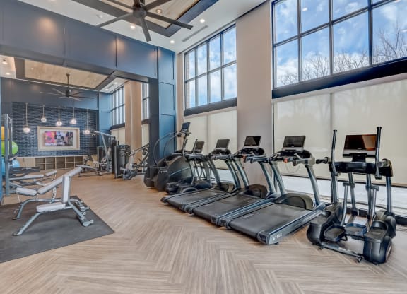 a gym with treadmills and weights and windows