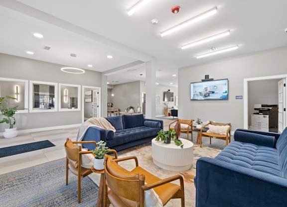 A living room with a blue couch and wooden chairs.