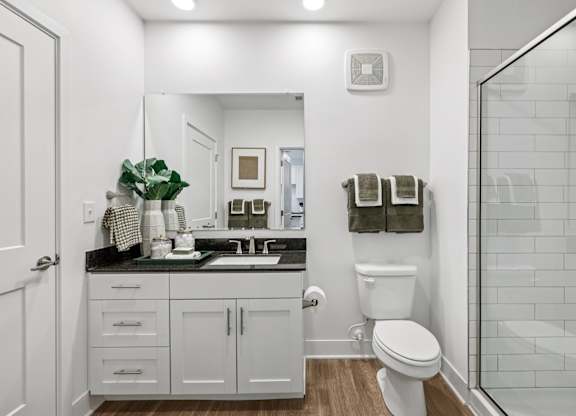 Bathroom at Contrast OTR apartments in Over-the-Rhine, Cincinnati with granite vanity, decorative accents, and full mirror.