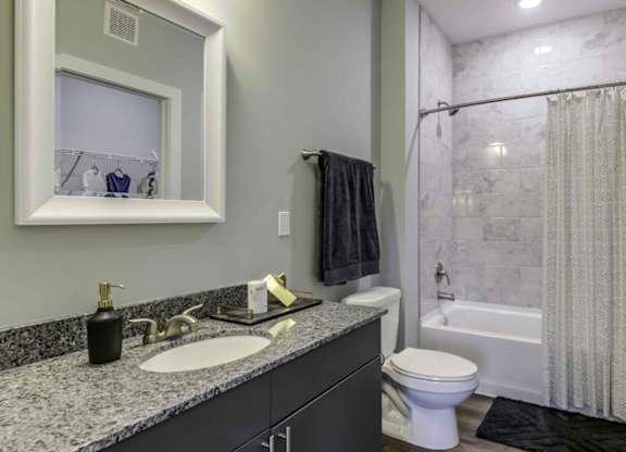 a bathroom with a sink and a shower and a toilet at Echo Park at Perry Crossing Apartments, Plainfield, Indiana