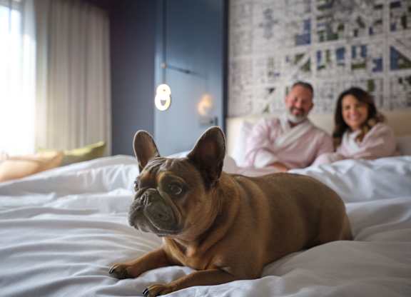 A dog is sitting on a bed with a man and woman in the background.