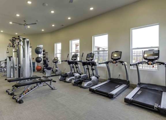 the gym is equipped with state of the art cardio equipment and weights at Echo Park at Perry Crossing Apartments, Plainfield, IN, 46168
