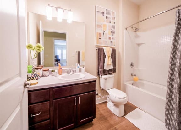 Bathroom With Adequate Storage, at Buckingham Monon Living, Indianapolis, 46220