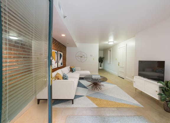 Staged living room at Lockerbie Court on Mass Ave Apartments, 459 Massachusetts Avenue, Indianapolis