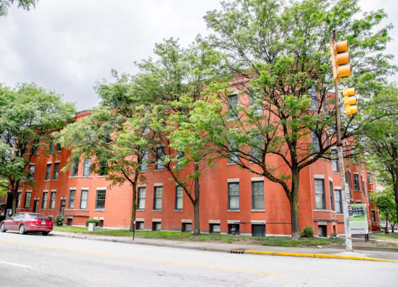 Wide Apartment view from street at Lockerbie Court on Mass Ave, Indiana, 46204