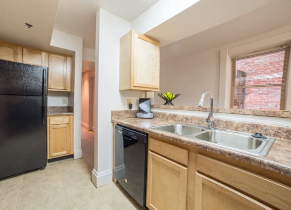 Modular Kitchen with Black Appliances at Lockerbie Court on Mass Ave, Indianapolis, 46204