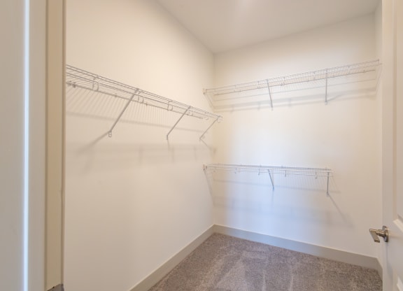 an empty closet with hanging rails and a door to a room with white walls