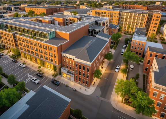 Bird’s-eye view of Contrast OTR in Cincinnati, Ohio, highlighting modern apartment buildings, lush greenery, and a dynamic urban layout in the heart of Over-the-Rhine