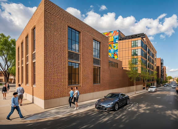 Scenic urban street near Contrast OTR in Cincinnati, Ohio, featuring brick architecture, modern apartment buildings, and a colorful mural that enhances the neighborhood’s artistic character.