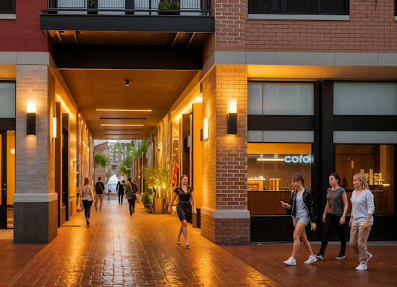 Well-lit, inviting passageway at Contrast OTR in Cincinnati, Ohio, featuring modern lighting, retail storefronts, and stylish pedestrians enjoying the urban atmosphere