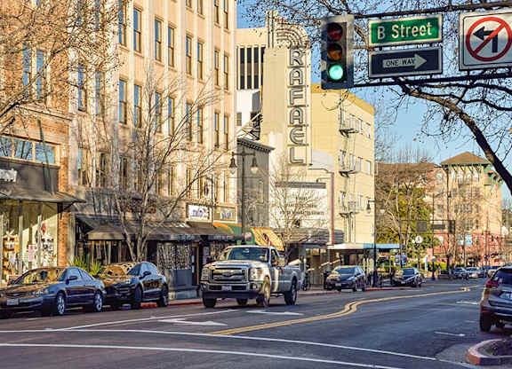Downtown building and street light at 215 Bayview Apartments, San Rafael, California