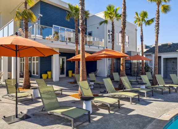 a group of lawn chairs and umbrellas near a pool and a house at 38° NORTH, Santa Rosa, CA