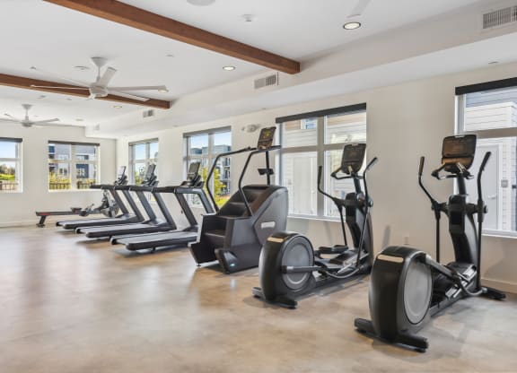 a gym with cardio ellipticals and windows in a house at 38° NORTH, Santa Rosa California
