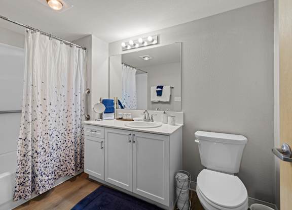 A white toilet sits next to a sink in a bathroom.