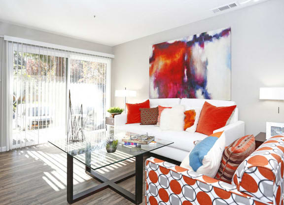 model living room with patio at BELLA VISTA AT HILLTOP, Richmond, CA