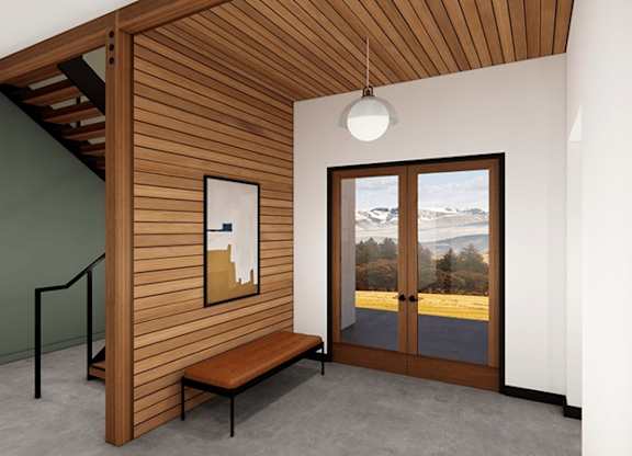 A person is walking into a room with a wooden staircase. at 38° NORTH, Santa Rosa, California