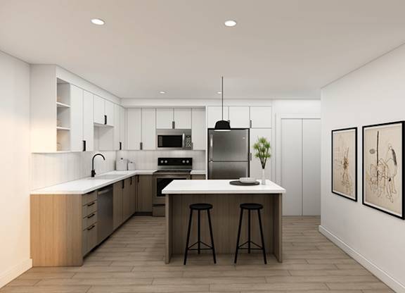 A modern kitchen with a center island and bar stools. at 38° NORTH, California