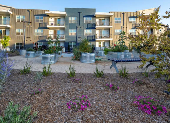 a courtyard with a bench and a bench in front of an apartment building at 38° NORTH, Santa Rosa, CA 