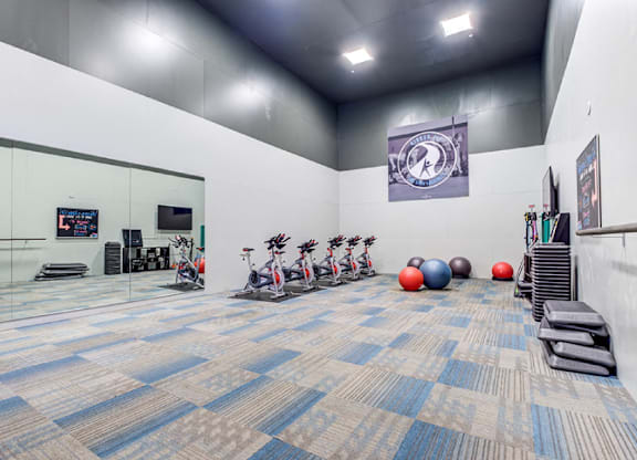 A gym with exercise equipment and a blue carpet.