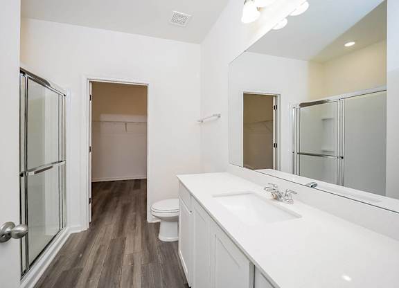 a bathroom with a sink and a shower and a toilet