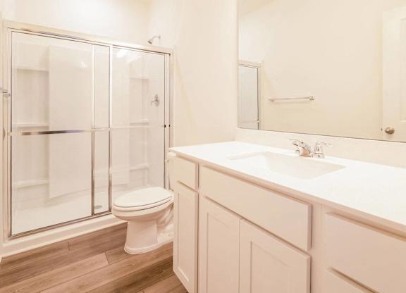 a bathroom with a sink toilet and a shower