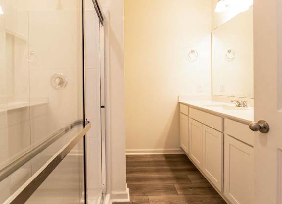 a bathroom with a sink and a shower