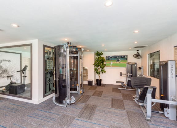Two-BR Apartments In Moreno Valley, CA - Sorelle Apartments - Fitness Center Equipped With Cardio And Strength Training Machines, Ceiling Fan, TV, Full-Body Mirror, And Water Fountain.