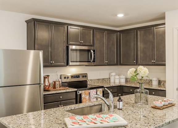 Modern kitchen with stainless steel appliances, granite countertops, and decorated sugar cookies.