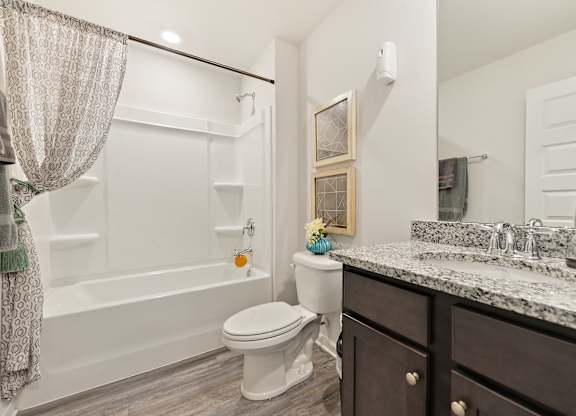 Modern bathroom with white tub and shower, toilet, and granite countertop vanity.
