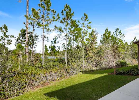 Exterior view of a home's backyard with green lawn, trees, and blue sky.