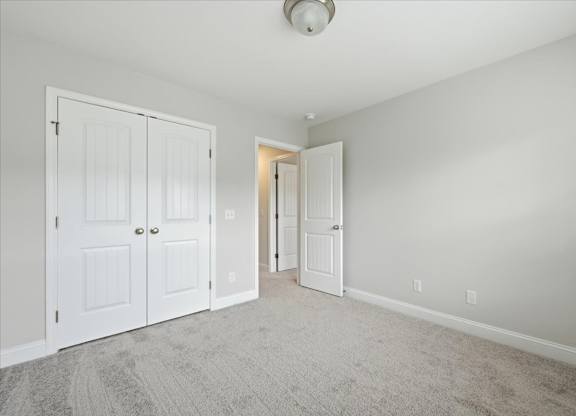 A room with two white doors and a carpeted floor.