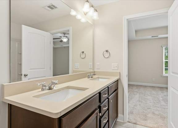 A bathroom with a double sink vanity and a large mirror.
