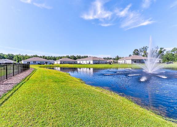 a fountain in the pond with houses in the background