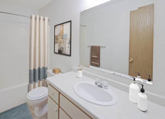 A bathroom with a toilet, sink, and shower.