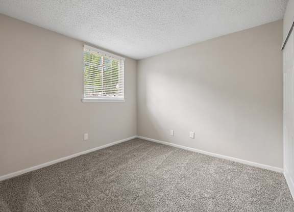 A room with a carpeted floor and a window with blinds.