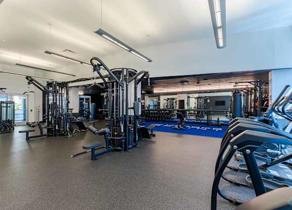 A spacious gym with a variety of equipment.