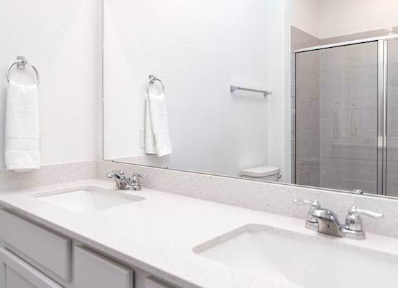 a bathroom with two sinks and a mirror
